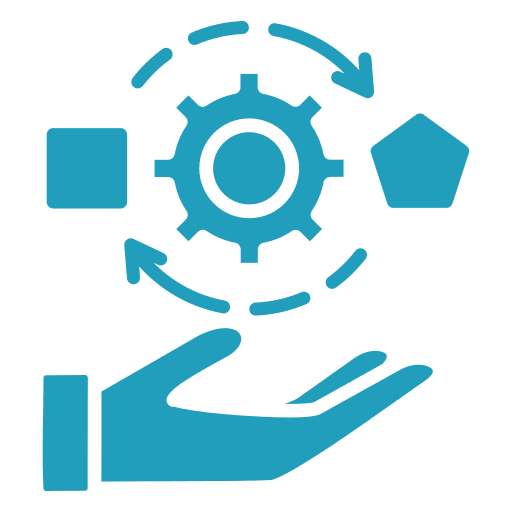 Hand holding gear with arrows and shapes.