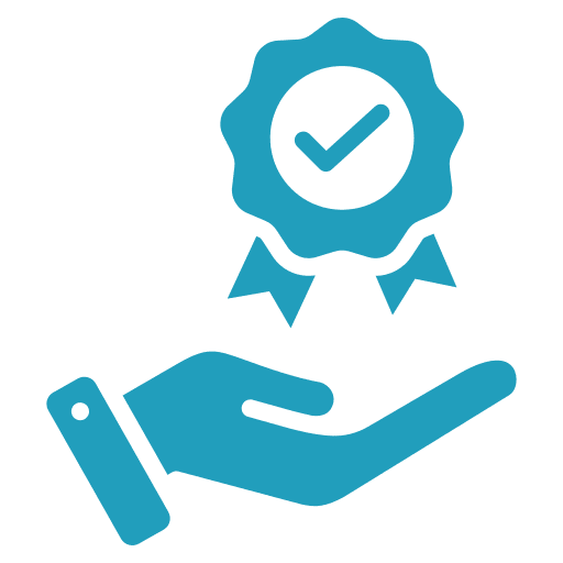 Hand holding a quality badge icon.