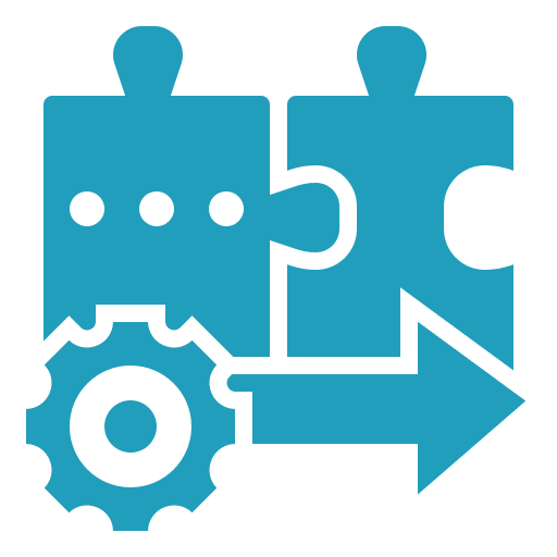 Blue puzzle pieces and gear icon.