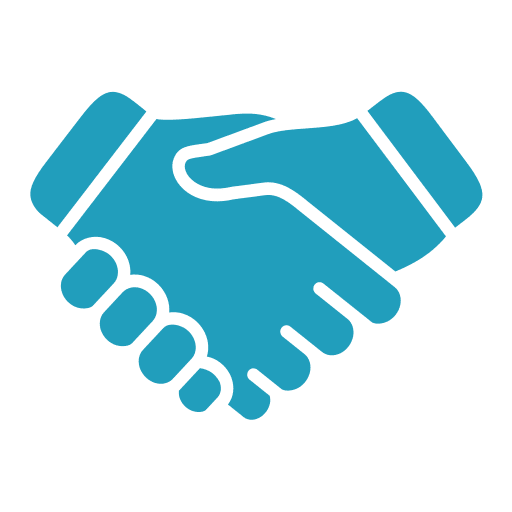 Blue handshake icon on black background.
